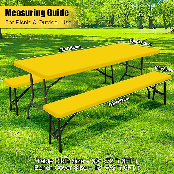 Smiry Picnic Table Cover with Bench Covers, Waterproof Elastic Fitted Polyester Tablecloths for 6 Ft Rectangle Tables, Washable Windproof Tablecloth for Camping, RV & Outdoor (Yellow, 30x72 Inches)