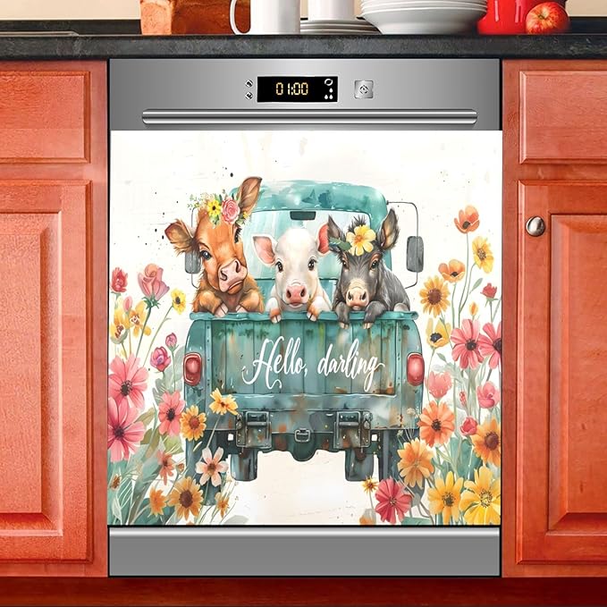 Highland Cow Pig Donkey Truck Dishwasher Magnet Cover Sticker Magnetic Refrigerator Panel Front Door Fridge Microwave Decal
