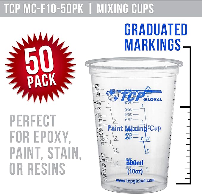 TCP Global 10 oz. (300ml) Graduated Plastic Mixing Cups - Box of 50 with 50 Mixing Sticks - Disposable Plastic Measuring Cups for Liquids, Paints, Resin, Epoxy, Art, Kitchen - Ratios 2-1, 3-1, 4-1 ML
