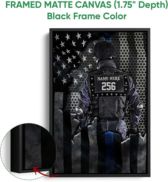 Personalized Police Poster & Framed Canvas, Policeman Thin Blue Line Us Flag Home Office Decor, Custom Name Number Bedroom Living Room Aesthetic Wall Art Gift For Husband, Dad, Men