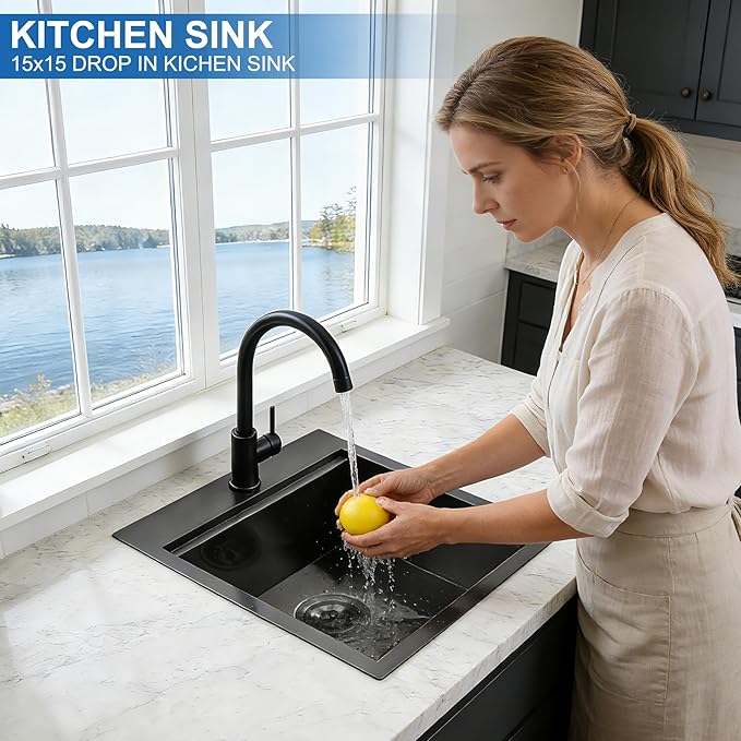 Scamall 15x15x9 Drop In Kitchen Sink Workstation, Nano Black 304 Stainless Steel Deep Single Bowl with Quick Drainage & Tarnish-Free Surface for Bar, Laundry, RV, Includes Accessories