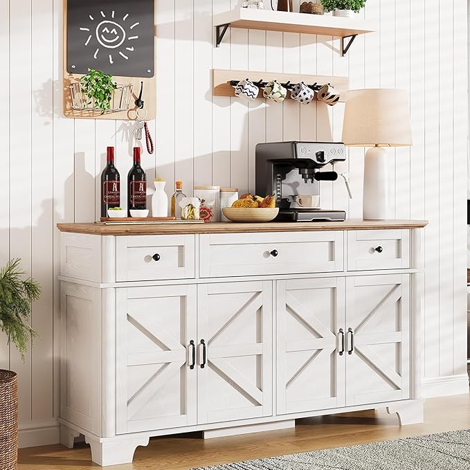 Farmhouse Buffet Cabinet with Storage, 55 Inch White Sideboard Buffet Cabinet with Adjustable Shelves & 3 Drawers, Buffet Table Coffee Bar Wine Bar Storage for Kitchen & Living Room
