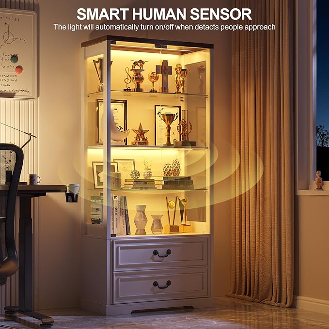 Glass Display Cabinet with Door, 4-Tier Curio Cabinet with 2 Drawers and Adjustable Glass Height Showcase, Display Case with 3 LED Light and Human Body Sensor, White