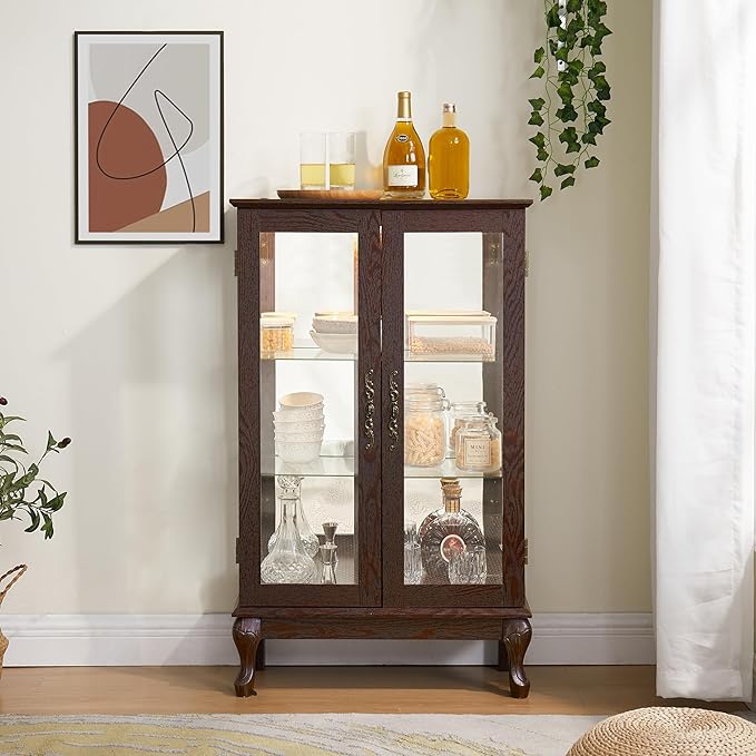 43" H Lighted Curio Cabinet Display Case, Glass Curio Cabinet with Adjustable Shelves and Tempered Glass Door, Wooden Cabinets w/Mirrored Back Pane for Living Room (Dark Cherry)