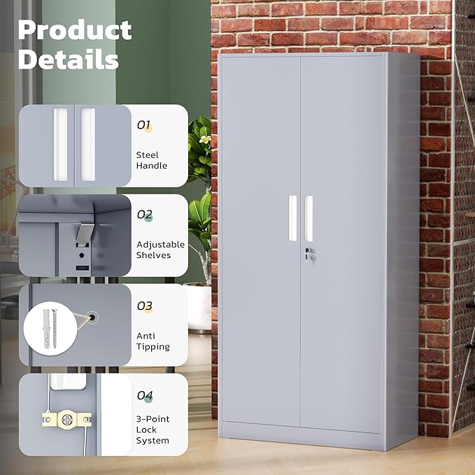 Greenvelly Metal Garage Storage Cabinet with 2 Doors and 4 Adjustable Shelves, 72”H Steel Lockable Storage Cabinet,Tall Metal Cabinet Locking File Cabinet for Office,Home, Garage, Gym, School
