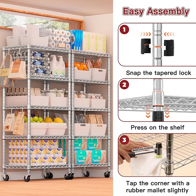 PrimeZone 4 Pack Steel Storage Wire Shelving 5 Tier Metal Shelves with Wheels,Adjustable Kitchen Utility Shelving Unit,Pantry Rack Rolling Metal Shelf Laundry,Chrome 24" Wx18 Dx75 H