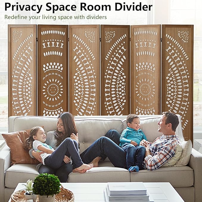 6 Panel Room Divider Wood Carved Room Divider Folding Privacy Screen with Double Hinges, Free Assembled Portable Partition Screen Divider for Room Separation Home Office Restaurant - Brown
