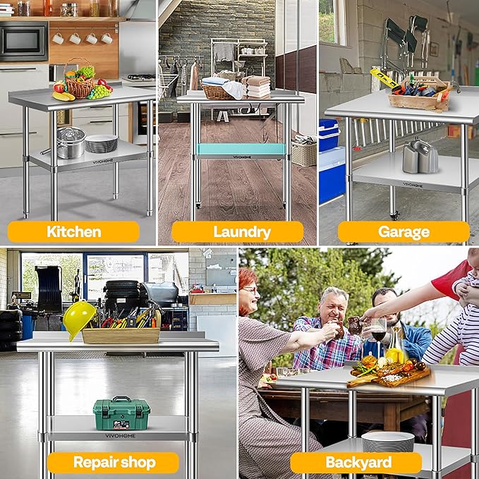 VIVOHOME 24 x 36 Inch Stainless Steel Work Table with Backsplash, Prep Commercial Table with Wheels for Restaurant, Hotel, Home and Warehouse