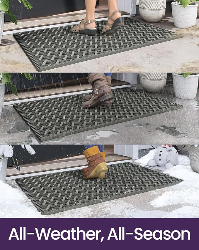 DEXI Front Door Mat Outside Entrance Rubber 24x36, Welcome Floor Doormat Heavy Duty Non Slip, Dirt Trapper Waterproof Exterior Entry Mats All Weather for Patio Entryway Drainage, Grey