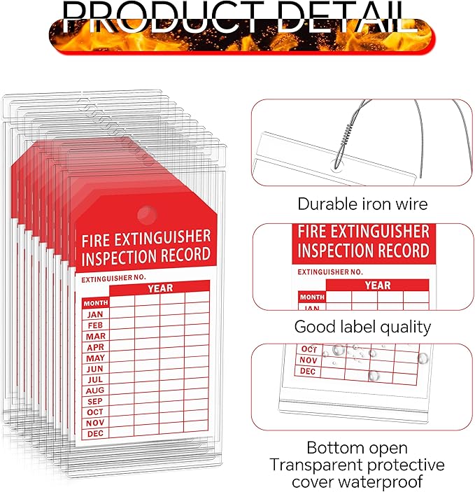 25 Fire Extinguisher Inspection Tag Plastic Cover 3.4 x 7.3 Inch Service Record Tags Fire Extinguisher Tamper Seal with Fire Tags and Iron Wire Resealable Waterproof for Indoor and Outdoor (25)