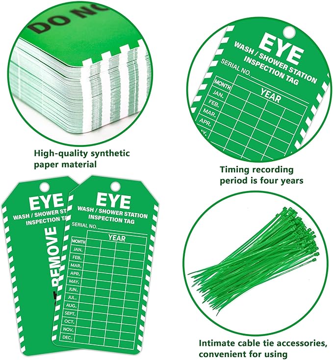 90Sets Eye Wash Station Inspection Tags with Adjustable Wire Ties Yearly Monthly Test Record Labels for Emergency Shower Safety Register 5.51 X 3 Inch