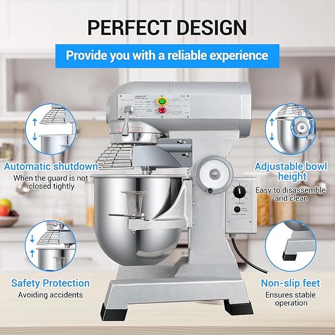 30Qt 1250W Commercial Food Mixer, Commercial mixer 3-Speed Adjustable Heavy Duty Stand Mixer with Stainless Steel Bowl for Bakery Pizzeria.