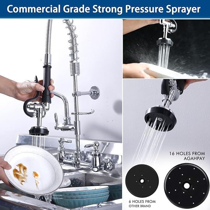 Commercial Sink Faucet with Sprayer with 8 Inch Swivel Spout 8" Center Wall Mount 3 Compartment Sink Faucet 24" Height Pre Rinse for Commercial Restaurant Kitchen, Chrome, Solid Brass