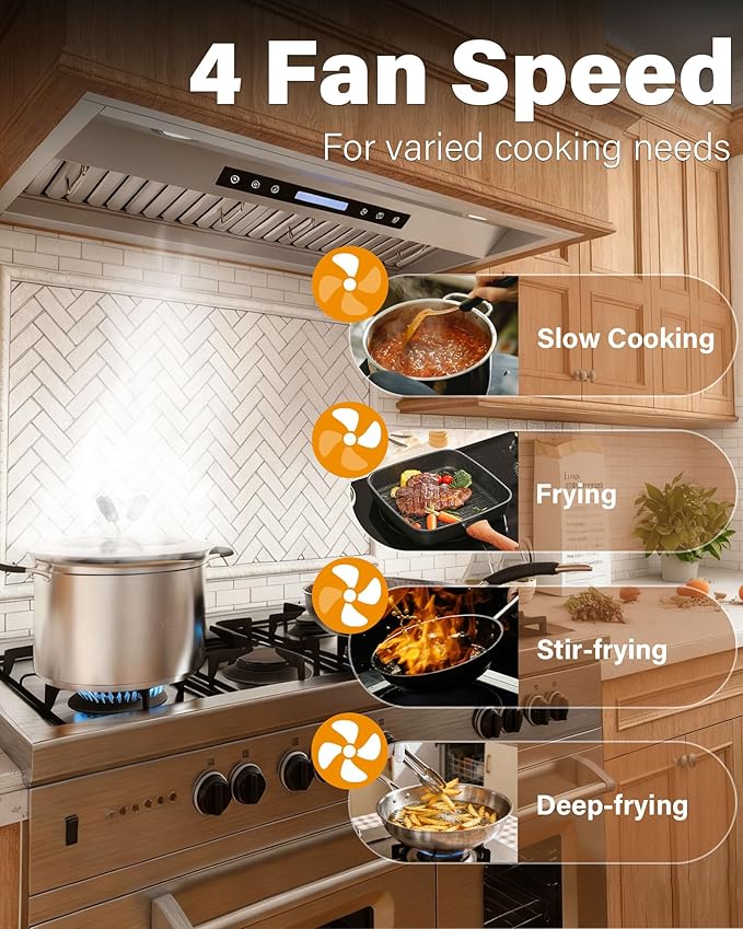 30 inch Stainless Steel Insert Range Hood - 900 CFM, Ultra-Quiet 4-Speed Vent, Touch/Remote Control, LED Lights, Ducted/Ductless Convertible