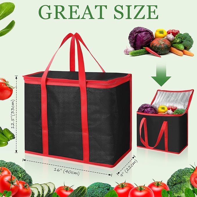 Kenning 8 Pcs Large Insulated Reusable Grocery Bags with Sturdy Zipper and Handles Foldable Washable Cooler Totes Heavy Duty Hot or Cold Food Delivery Bag for Food Transport Travel Lunch (Black Red)