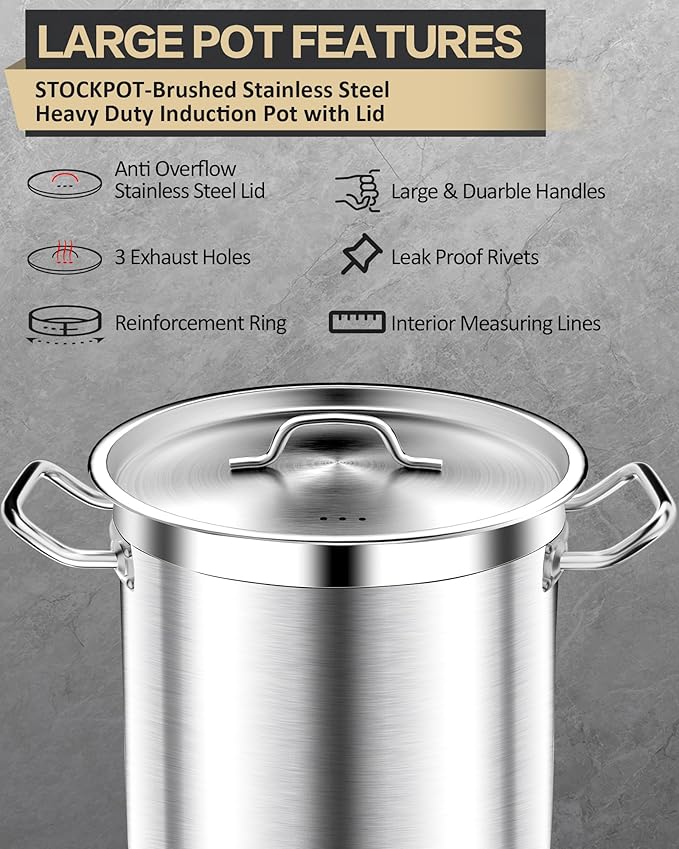 50 Quart Stainless Steel Stock Pot with Lid – Heavy Duty Cooking Pot for Soup, Commercial Soup Pots, 3-Ply Induction Bottom, Oven Safe