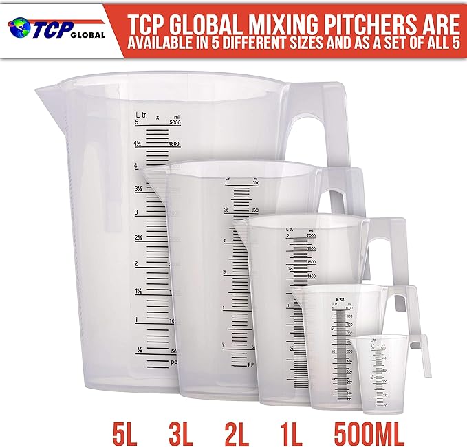 TCP Global 5 Piece Set of Plastic Graduated Measuring and Mixing Pitchers - 500, 1000 Quart, 2000, 3000, 5000 ml Gallon Sizes - Pouring Cups, Measure & Mix Paint, Resin, Epoxy, Kitchen Cooking Baking
