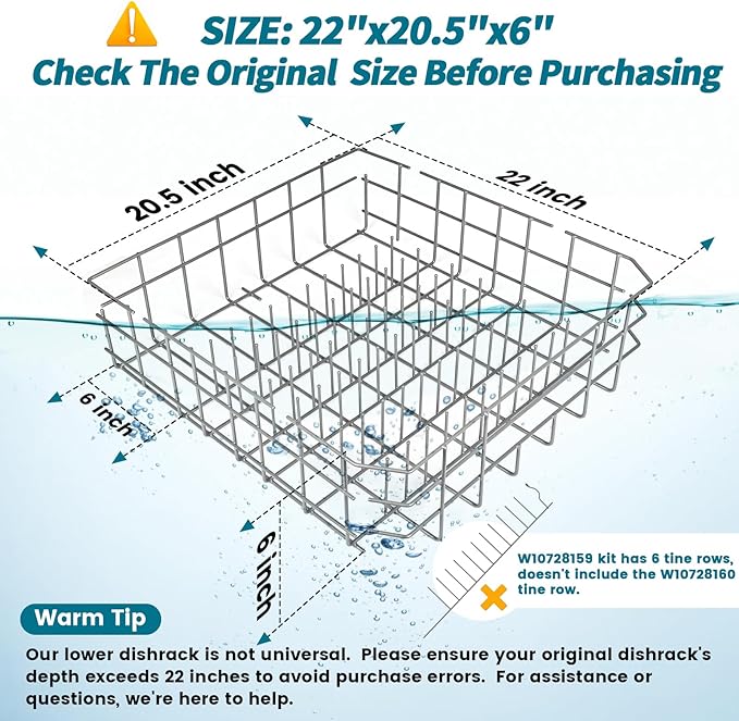 Upgraded W10728159 W10525646 OEM Dishwasher Lower Dishrack for Kitchenaid Dishwasher, W10082825 Dishwasher Lower Rack Fit for Maytag Dishwasher Rack Parts 22" Deep by 20 1/2" Wide