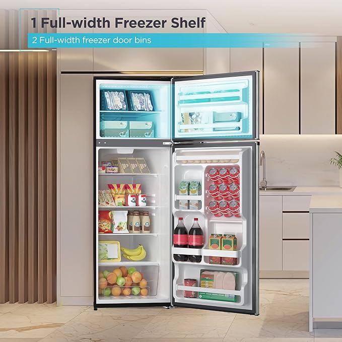 BLACK+DECKER 12 Cu. Ft. Top Mount Refrigerator with Freezer, 2 Door Fridge with Top Freezer and Adjustable Temperature Control, For Homes and Apartments, BDA12GLAS, Stainless Steel Look