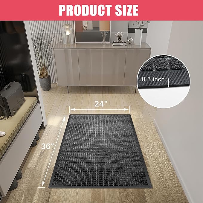 Kuyal Front Door Mat, 2'*3' Door Mat for Inside Outside Entrance,Waterproof Welcome Mats with Non-Slip Backing, Indoor Outdoor Entryway, Commercial Floor Mats, Durable & Easy to Clean, Dark Gray