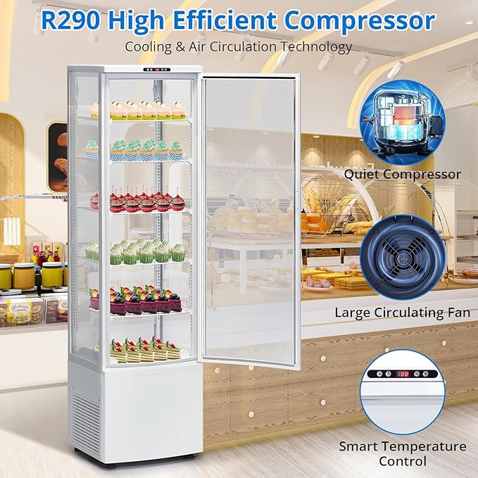 PeakPursuit Countertop Refrigerator 10.9 Cu.ft, 5-Tier Pastry Display Case with LED Lighting, Frost-Free, Sliding Door, Adjustable Shelves, Commercial Fridge for Bakery Cafe Restaurant, White