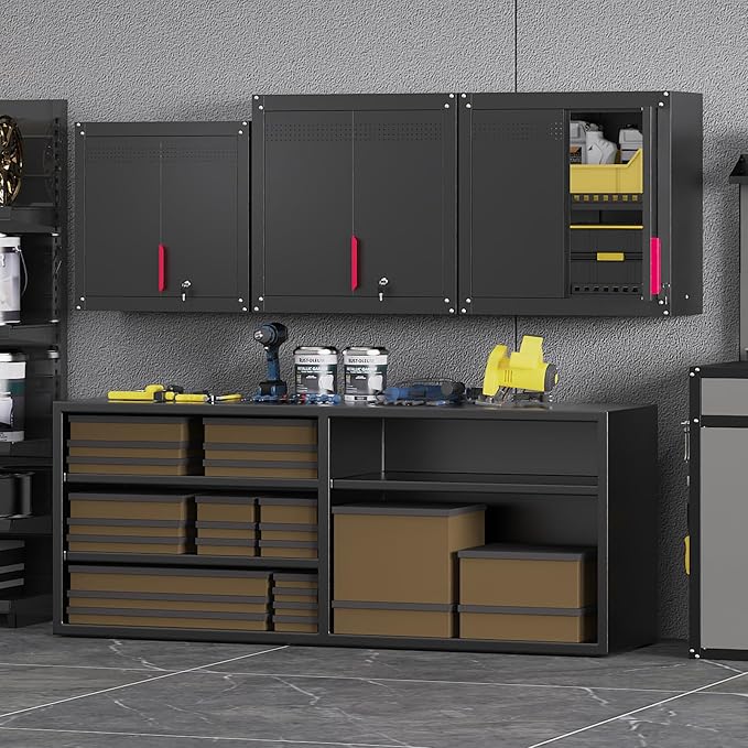 30" Garage Wall Cabinet, Metal Wall Cabinet with Lock & Adjustable Shelf,Heavy-Duty Black Garage Storage Cabinet,Ventilated Metal Wall Cabinets for Workshop & Tools