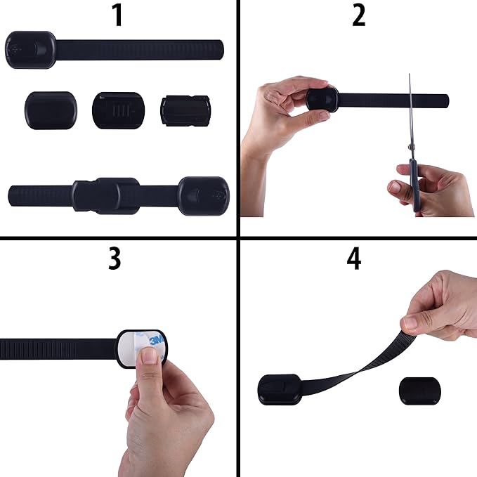 Child Safety Cabinet Locks (6 Pack) – Adjustable Baby Proofing Strap Latches with Strong 3M Adhesive – No Drill Childproof Locks for Drawers, Cabinets, Fridge, Door, Closet, Black