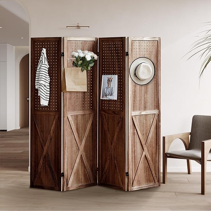4 Panel Pegboard Wood Room Divider, 5.6Ft Pegboard Display Folding Privacy Screens, Peg Board Display Freestanding for Trade Show Craft Show Home Wall Organizer, Retro Brown