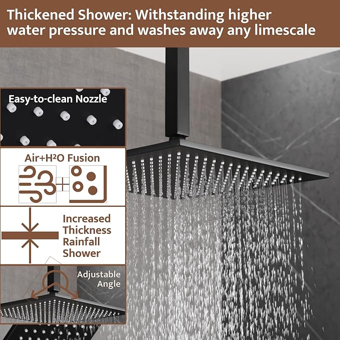 Shower System Matte Black, Push Button Diverter Shower Faucet with 3 in 1 Handheld, Ceiling Mount 12 Inch Shower Head with 6 Inch Wall Mount Shower Head