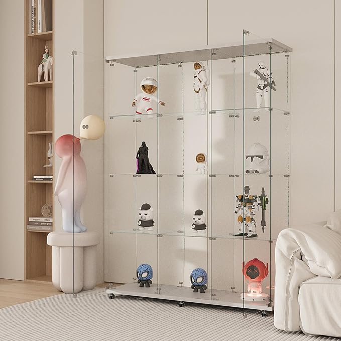 Glass Display Cabinet with LED Light Strip, 12 Shelves 3 Column 2 Doors, Large Curio Storage Cabinets with Lock & Caster for Living Room, Office, Floor Standing Glass Bookshelf - White