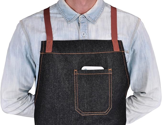 Professional Apron with Pockets, Mens Womens Chef Kitchen Bib Black Denim Apron for Cooking Grill BBQ Server, with Cross Back Straps and Towel Loop