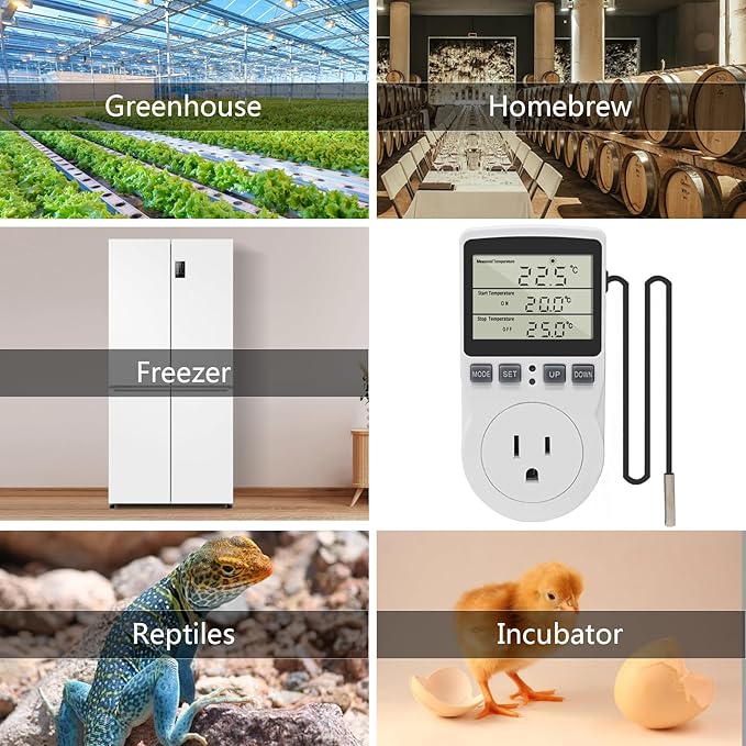 KETOTEK Digital Thermostat Outlet Plug Temperature Controller Outlet Socket 120V Heating Cooling Control 110V 15A Celsius Fahrenheit Display White