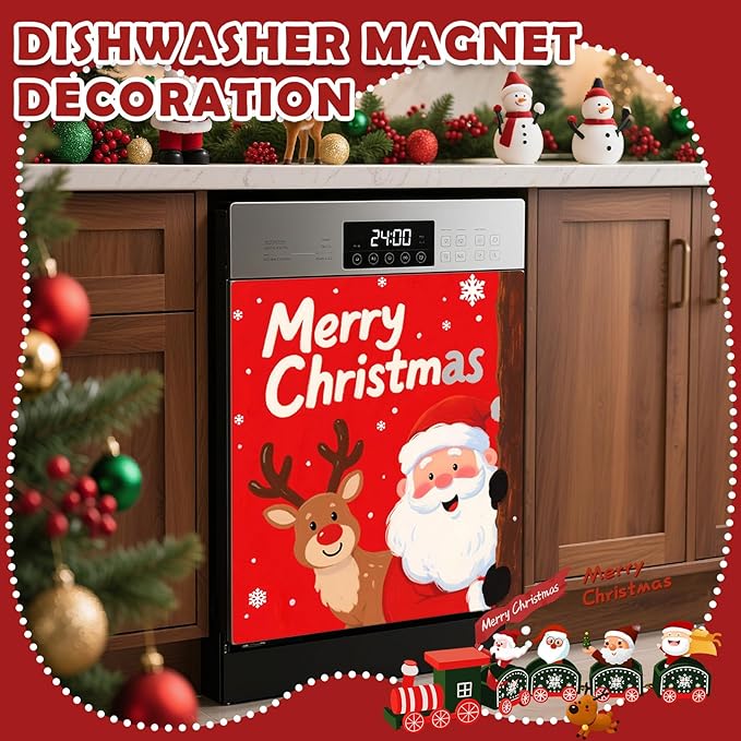 Christmas Santa Elk Dishwasher Magnet Cover, 23" W x 26" H Fridge Magnetic Stickers Reuseable Magnet Panel Decal Cover for Washing Machine Fridge Microwave Cabinet Kitchen Christmas Decoration