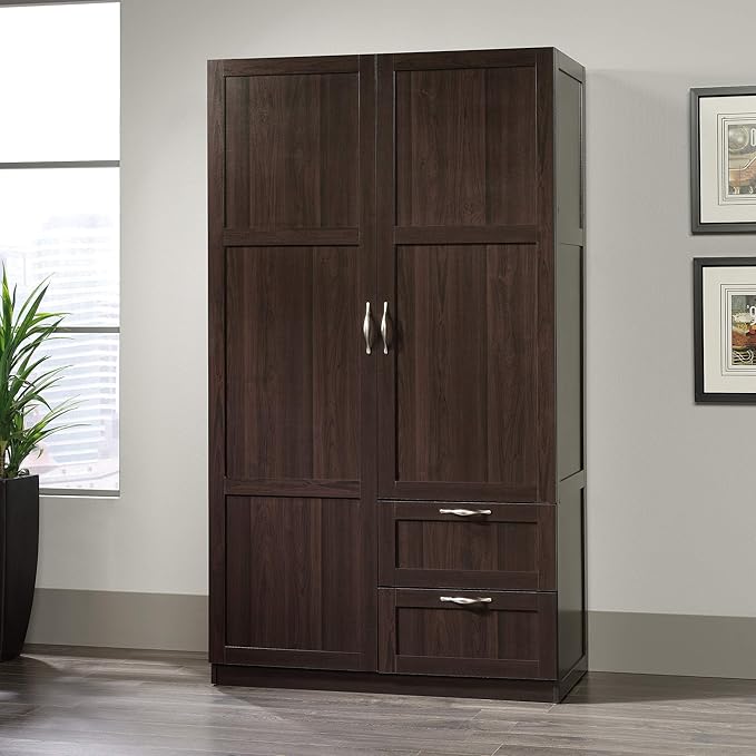 Sauder Select Multipurpose Bedroom Armoire Wardrobe Closet Pantry Storage Cabinet with Storage Drawers and Hanging Rail, in Cinnamon Cherry