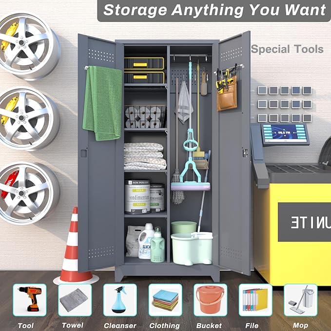72.8" H Storage Cabinets,Broom Closet Storage Cabinet with Adjustable Shelves,Metal Lockable Storage Cabinet with Locking Doors,Tall Utility Cabinets for Garage,Laundry,Office,Grey