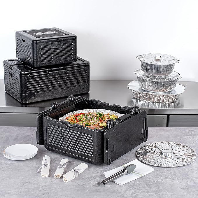 Restaurantware-Cater Tek 25 Quart Catering Hot Box, 1 Top Load Insulated Food Pan Carrier - Holds 1 Full Size 8” Deep Pan, Collapsible, Black EPP Plastic Food Box With Handles, Portable, For Buffet