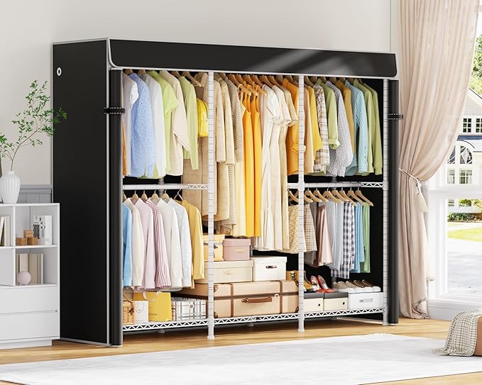 E14C Heavy Duty Closet Organizer System，Freestanding Clothing Racks for Hanging Clothes，Adjustable Garment Rack 70.1" W × 16.6" D × 76.4" H Hold 960 lbs，White Rack with Black Dustproof Cover