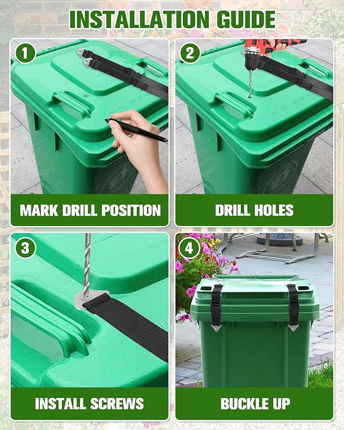 Bear Proof Trash Can Lock, Adjustable Garbage Can Straps with Lid Lock, Animal Proof Trash Can Locks for Bears, Raccoons, Critters, Outdoor Trash Can Enclosure, Black