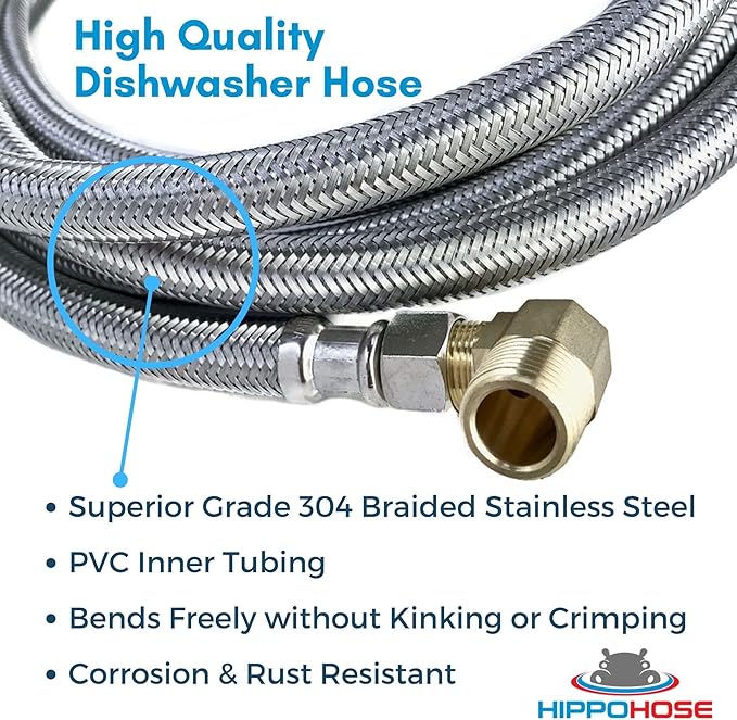 Hippohose 20 FT Stainless Steel Dishwasher Water Hose Kit - Universal Fit, Braided SS, 3/8'' Connections, 5-Year Warranty