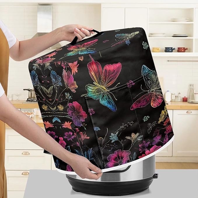 Butterfly Pressure Cooker Cover for Women Flower Print Instant Pot Cover with Handle and Pocket for Rice Cooker Air Fryer Universal Kitchen Appliance Covers Storage Case Gifts