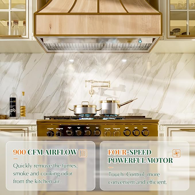 EKON 900CFM Range Hood Insert, Ducted/Ductless Built-in Range Hoods with Remote/4 Speeds Touch Control LCD Display,2pcs Baffle Filters Knob Control