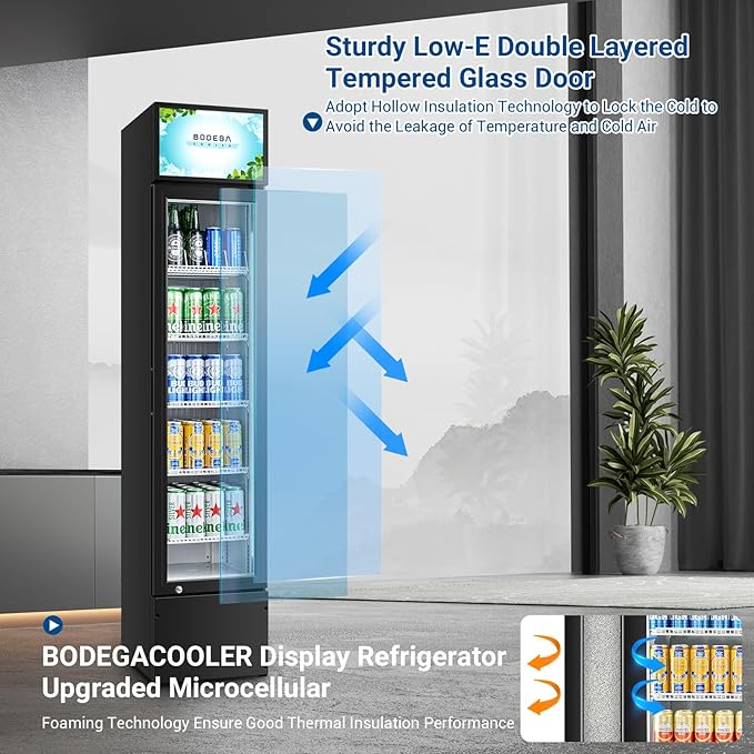 BODEGACOOLER Commercial Merchandiser Refrigerator, Glass Door Commercial Beverage Refrigerator, Beverage Display Cooler with Soft LED Light and Adjustable Shelves, 5.7 Cu. Ft. Single Swing Door, Black