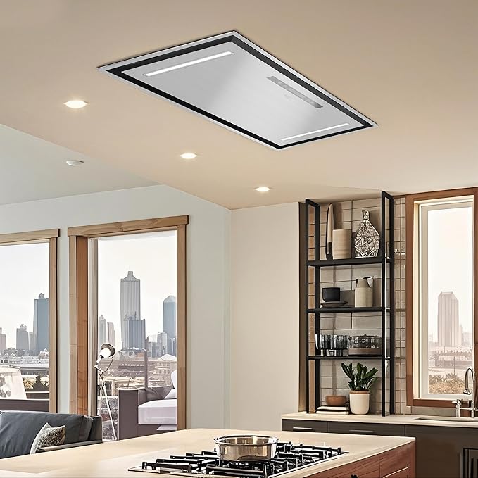 Awoco 30”W Flush Ceiling Mount Insert Island Range Hood, Stainless Steel 4 Speeds 700 CFM, 6” Round Vent LED Lights Remote Control (30"W)