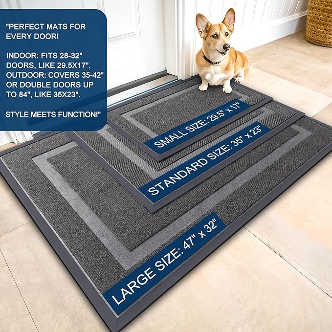 OLANLY Front Door Mat Indoor Outdoor Entrance, Waterproof All-Season, All-Weather Doormat, Sturdy Natural Rubber, Fade Resistant, Low Profile, Easy Clean Patio Porch Entryway Mat, 33x21, Dark Grey