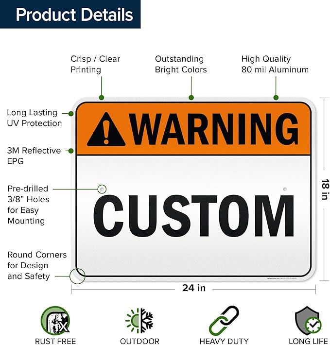 Custom warning Sign, Ansi Sign, Osha Compliant, 18x24 Inches, 3M EGP Reflective, Rust Free .080 Aluminum, Fade Resistant, Made in USA by My Sign Center