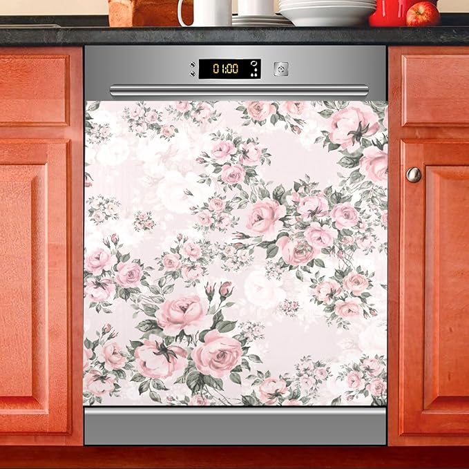 Floral Pink Roses Bouquets Dishwasher Magnet Cover Sticker Magnetic Refrigerator Panel Front Door Fridge Microwave Decal Decorative Vinyl