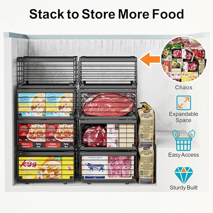 iSPECLE 8 Pack Freezer Organizer Bins, Adjustable Wire Baskets for 10 to 20 Cu.Ft Chest Freezer, Stackable Storage with Handles, Deep Freeze Organizer for Meat & Vegetables, Black