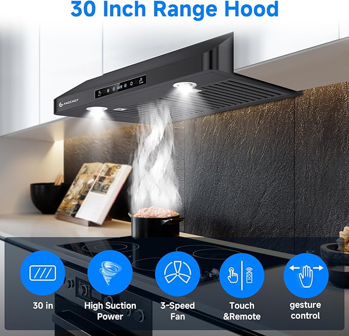 AMZCHEF Under Cabinet Range Hood 30 Inch, 750CFM Stainless Steel Kitchen Stove Vent Hood 3 Speed Exhaust Fan Touch/Remote/Gesture Control LED lights Time Setting Dishwasher-Safe Baffle Filters-Black