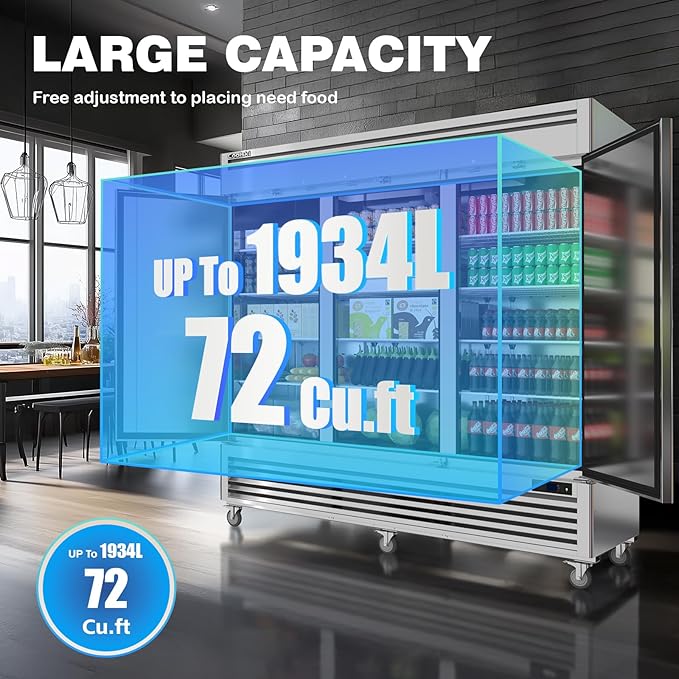 Coolski Commercial Freezer 82" W, 72 Cu.ft Stainless Steel Reach In Upright Freezer 3 Door, Auto-Defrost, 12 Adjustable Shelves, -13 to -5℉ Temp Control, LED Light, 5 Wheels