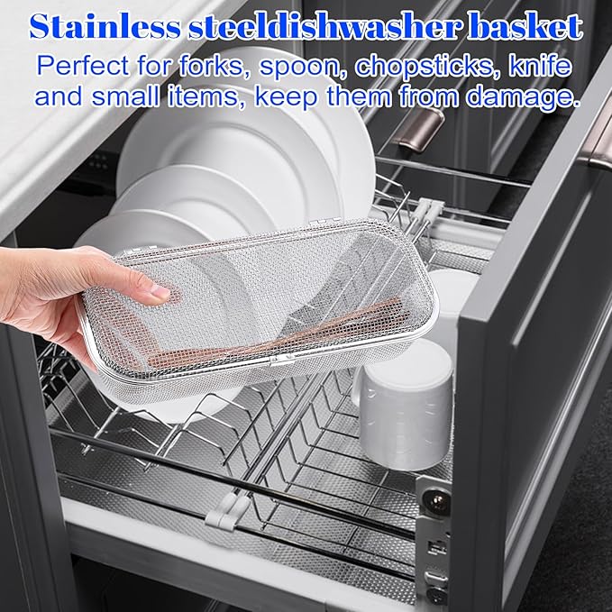 Dishwasher Chopstick Basket for Small Items, Stainless Steel Utensil Holder for Dishwasher with Mesh Design, Replacement Silverware Organizer (10.4" L x 4.5" W x 3" H)